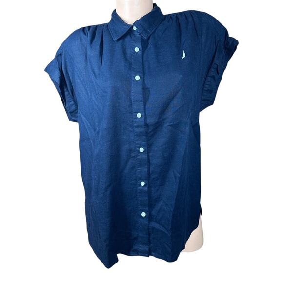 Nautica Tops - Nautica Womens Navy Blue Linen Blend Short Sleeve Button Up Camp Shirt Size L